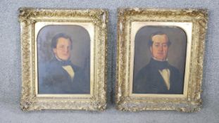 A pair of 19th century carved gilt framed oleograph portraits on board of two gentleman. H.49 W.40cm