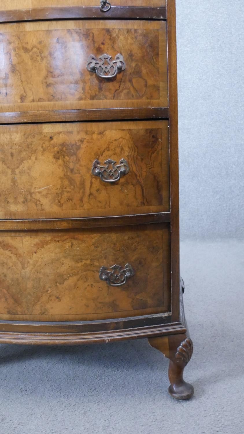 A Georgian style burr walnut and crossbanded bow fronted tallboy chest of four drawers above four - Image 6 of 8