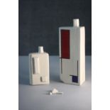 Two mid century Mondrian style hand painted ceramic vases with impressed makers mark. (damaged but