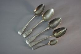 Five silver spoons. Including four Georgian serving spoons, various makers and British hallmarks and