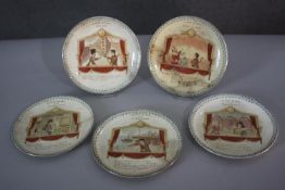 A set of five 20th century HBCM Montereau French Theatre Guignol ceramic puppet show plates.