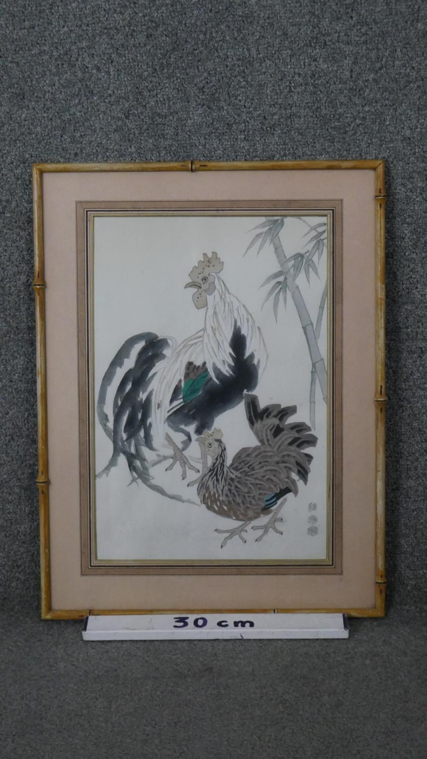 A framed and glazed 19th century Chinese watercolour, rooster and hen with bamboo, artist's three - Image 3 of 4