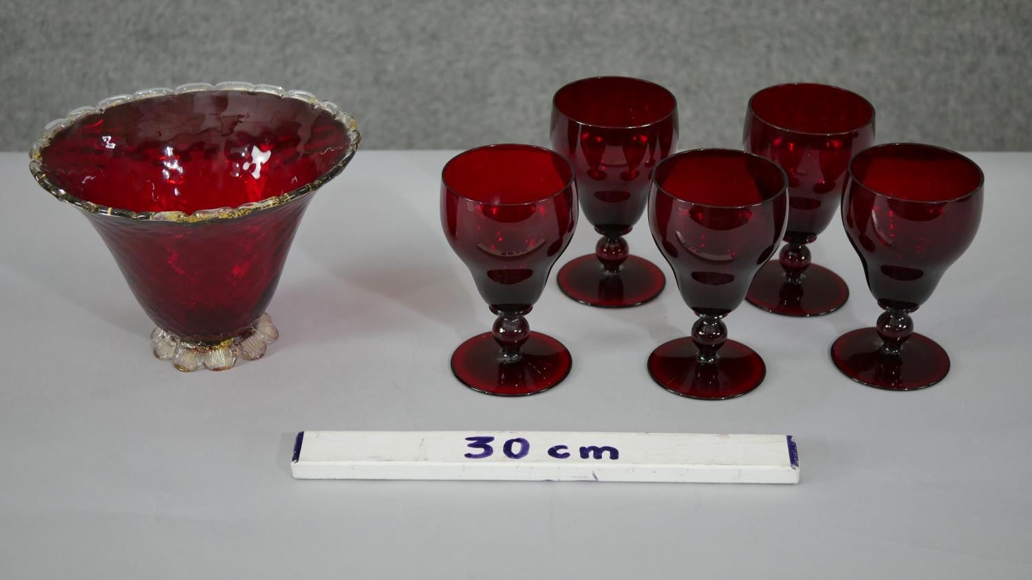 A collection of ruby glass. Including a set of five vintage Bohemian ruby stemmed wine glasses and a - Image 2 of 6
