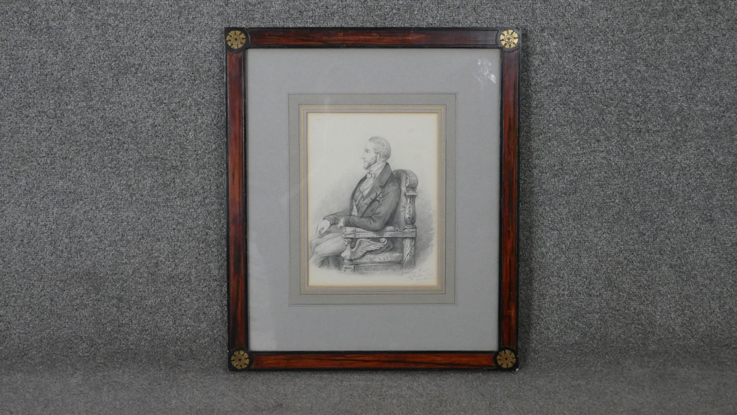 Alfred d'Orsay-a rosewood framed and glazed 19th century pencil sketch, seated gentleman. - Image 2 of 7