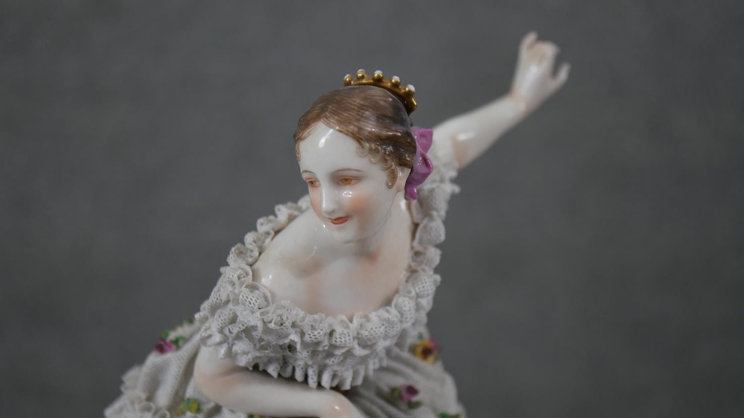 Two porcelain figures. A 19th century Dresden hand painted ballet dancer with porcelain lace - Image 8 of 12