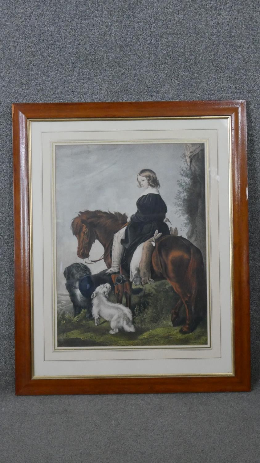 After Landseer, a framed and glazed 19th century hand coloured engraving of a boy on a horse with - Image 2 of 3