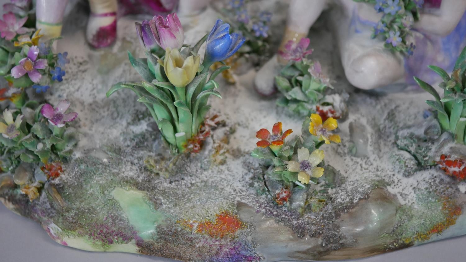 A Crown Staffordshire porcelain hand painted figure group by T.M. Bayley of children picking flowers - Image 4 of 8