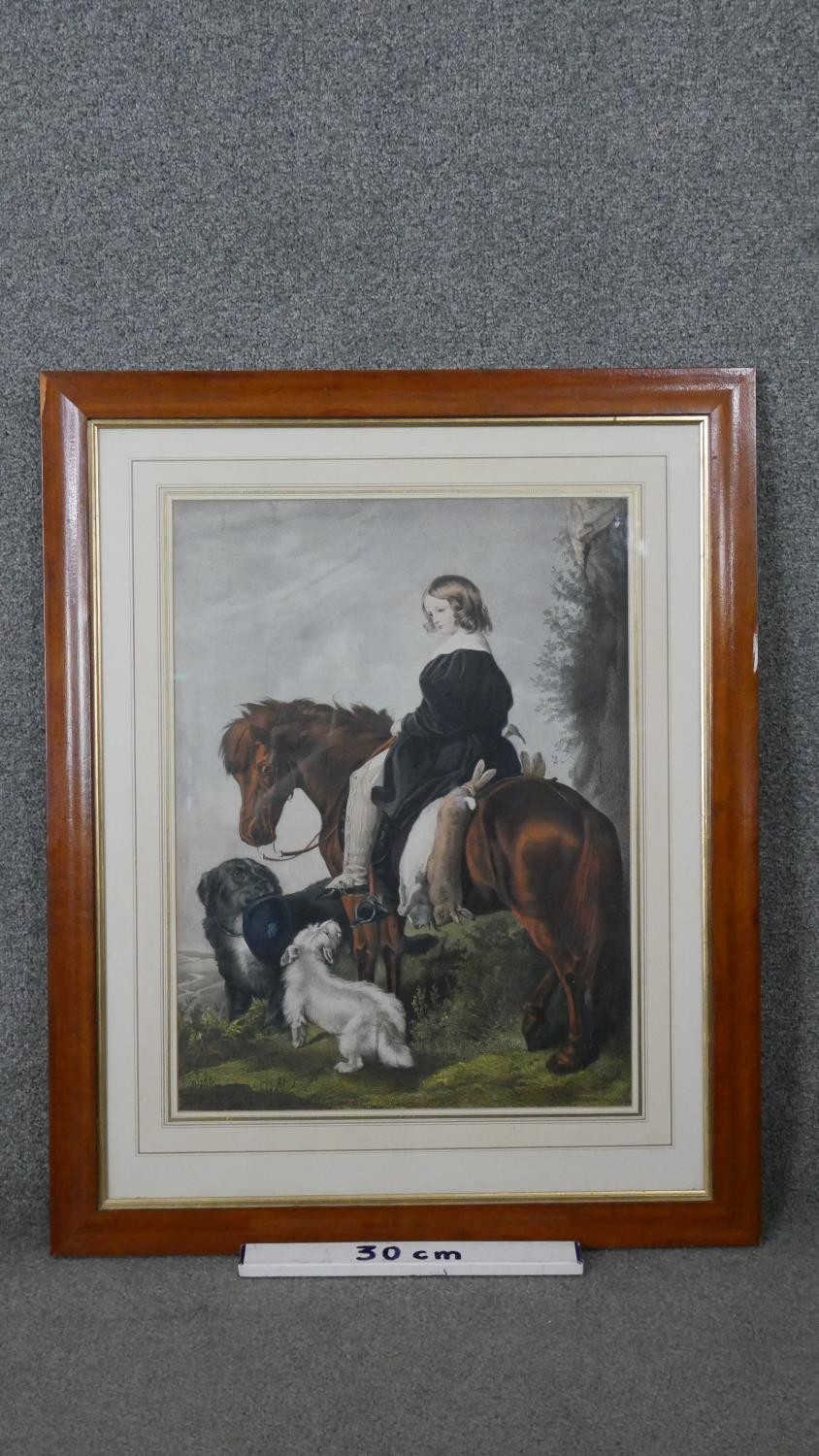 After Landseer, a framed and glazed 19th century hand coloured engraving of a boy on a horse with - Image 3 of 3