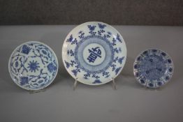 Three blue and white 19th century Chinese hand painted porcelain plates. One with a Japanese