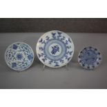 Three blue and white 19th century Chinese hand painted porcelain plates. One with a Japanese