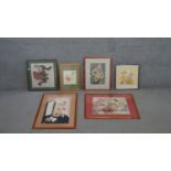 A collection of six framed and glazed silk paintings of floral studies. H.73 W.53 cm (largest)