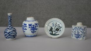 A collection of Qing period Chinese blue and white porcelain. Including a hexagonal tea caddy, a