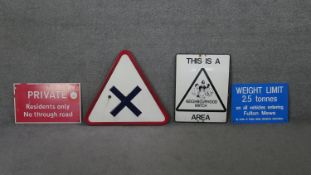 Four vintage enamel road signs. One French with maker's stamp to the reverse, a private sign,