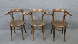 A set of three bentwood armchairs with floral embossed panel seats.