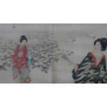 A framed and glazed 19th century Japanese woodblock print with three Geisha girls. With artists