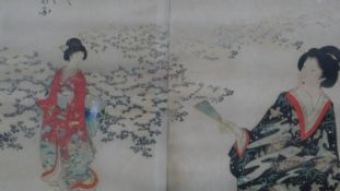 A framed and glazed 19th century Japanese woodblock print with three Geisha girls. With artists