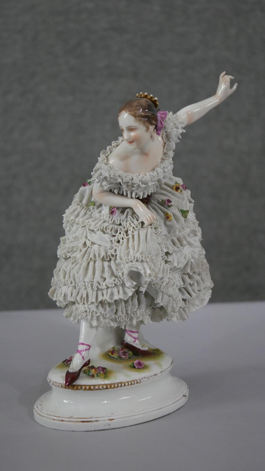 Two porcelain figures. A 19th century Dresden hand painted ballet dancer with porcelain lace - Image 7 of 12