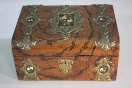 A 19th century figured walnut lockable jewellery box with engraved gilt bronze mounts and pietra