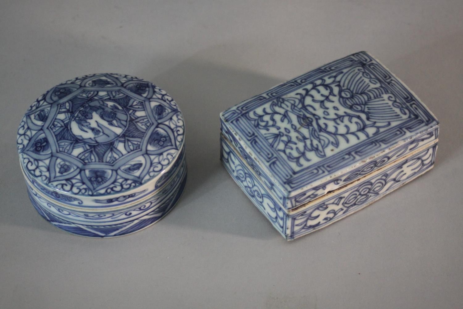 Two early 20th century blue and white Chinese boxes. One circular with stylised floral design and