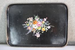 A large Victorian barge ware hand painted tray with floral bouquet design and gilded edge. H.66 W.