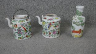 A collection of 20th century Chinese porcelain. Including two teapots decorated with birds and