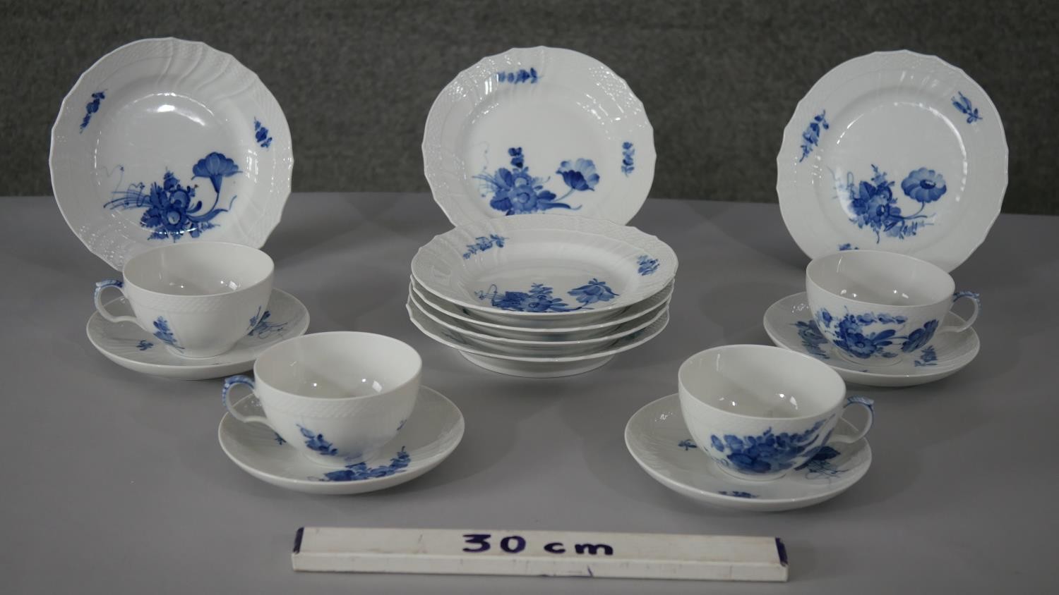 A Royal Copenhagen hand painted porcelain blue and white floral design part four person tea set. - Image 2 of 9