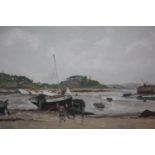 A framed oil on canvas of fishing boats on the shore. Indistinctly signed. H.43 W.52cm.