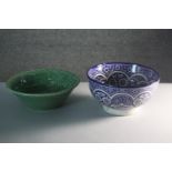 A Majolica green glaze vine leaf and woven design fruit bowl along with a hand painted Islamic