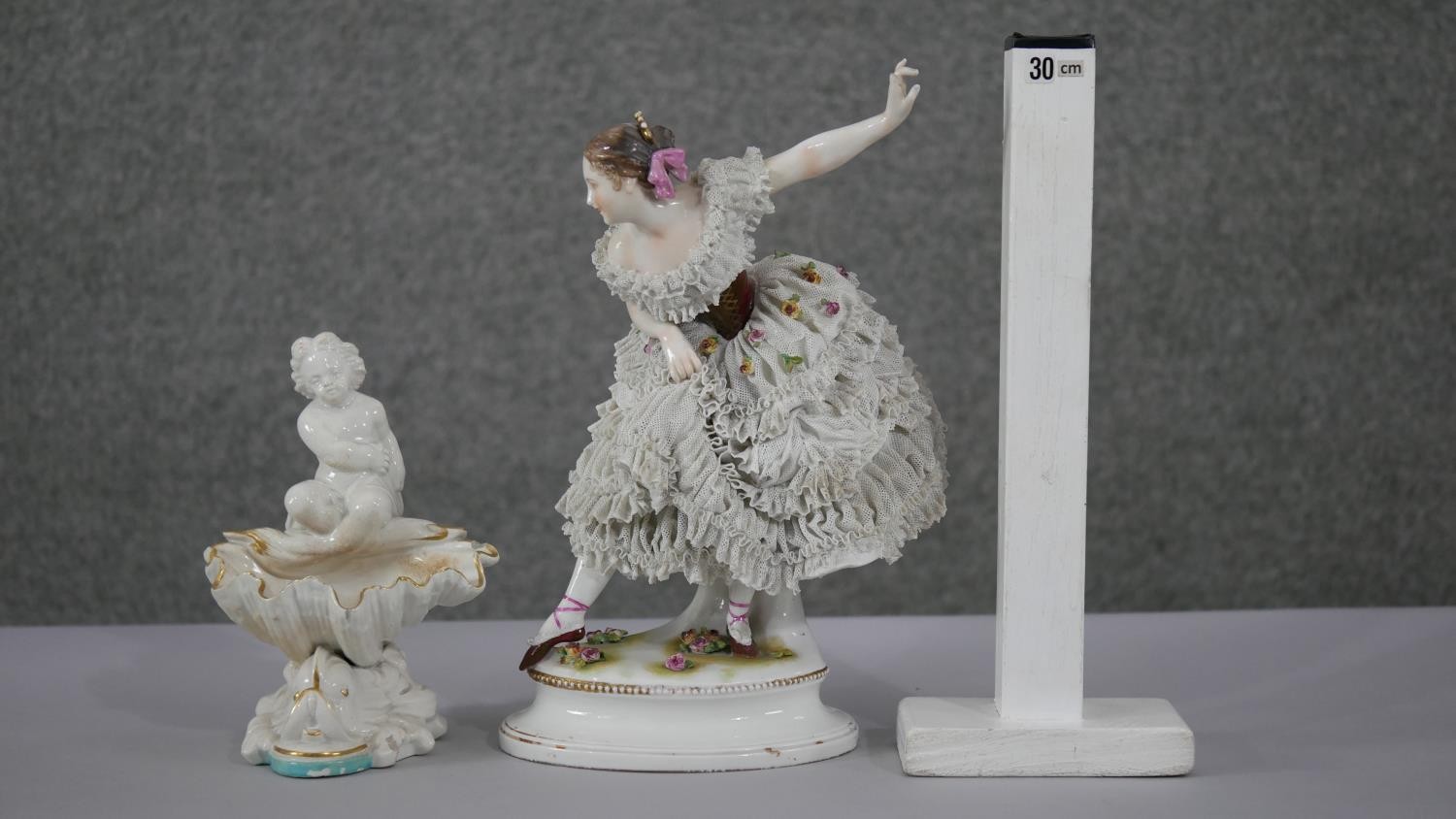 Two porcelain figures. A 19th century Dresden hand painted ballet dancer with porcelain lace - Image 2 of 12