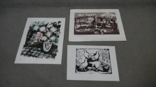 Jane Tuely- Three unframed woodcuts. One of birds, one of a farmyard and picnic blanket with flower,