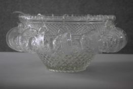 A large vintage pressed clear glass punch bowl with fifteen cups and ladle. H.22 Diameter.46cm.