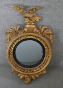 A Regency convex wall mirror with original plate in carved giltwood frame with eagle surmount and