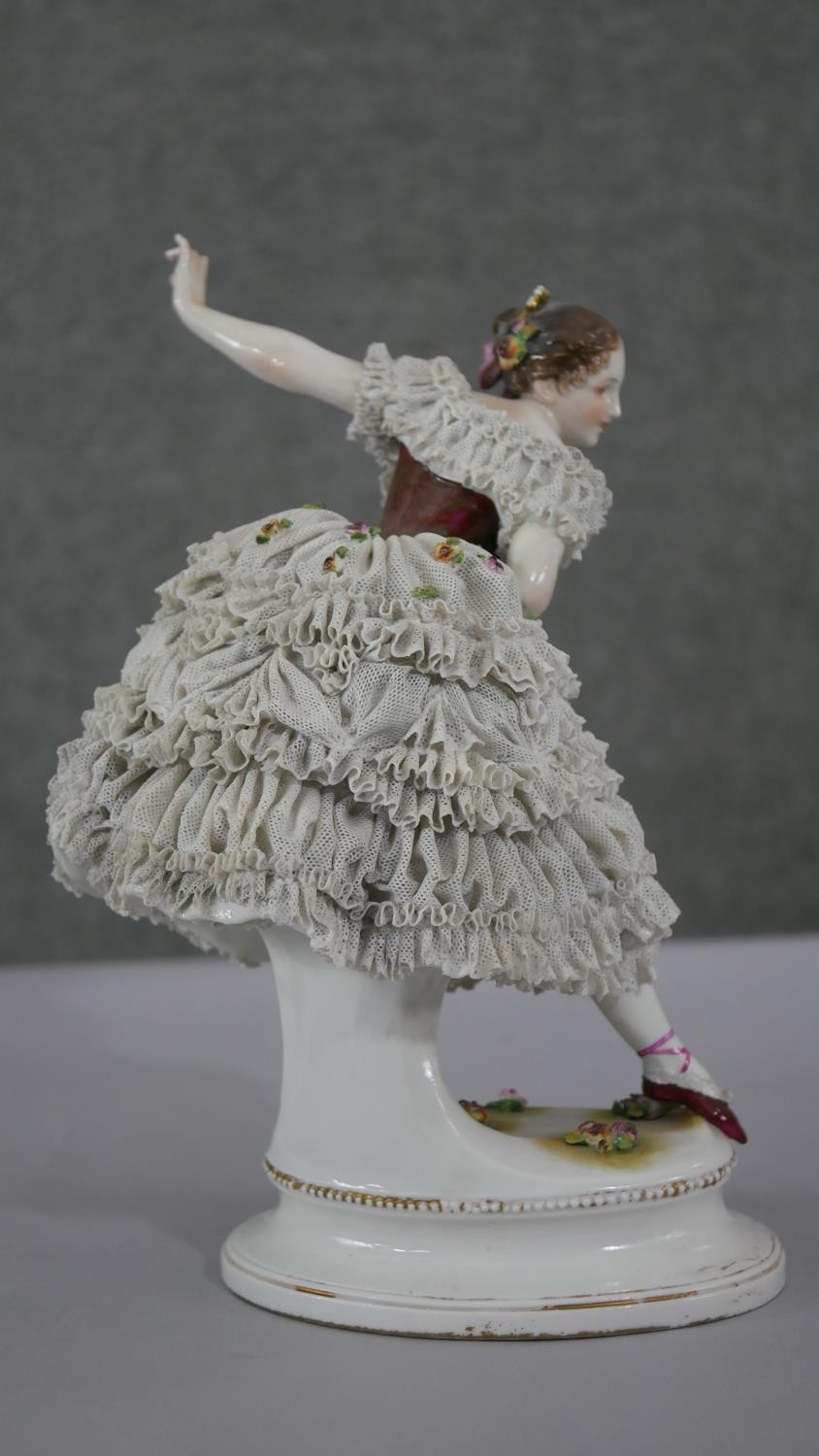 Two porcelain figures. A 19th century Dresden hand painted ballet dancer with porcelain lace - Image 11 of 12
