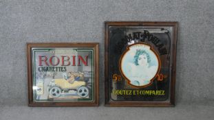 Two framed vintage mirrored advertising signs. One for Ogden's Robin Cigarettes and the other for