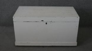 A 19th century painted pine coffer with twin metal carrying handles on a plinth base. H.52 W.95 D.