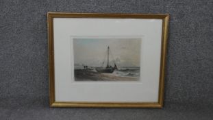 After Samuel Prout (1783 - 1852) A framed and glazed watercolour of fishing boats. Unsigned. Label