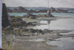 An oil on board of a seaside cove. Indistinctly signed. H.46 W.55cm.
