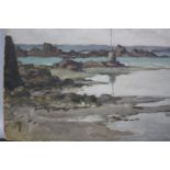 An oil on board of a seaside cove. Indistinctly signed. H.46 W.55cm.