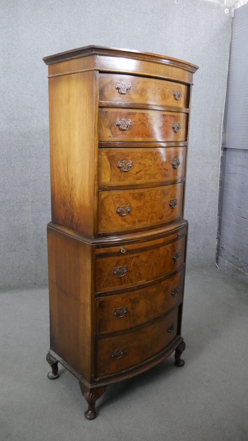 A Georgian style burr walnut and crossbanded bow fronted tallboy chest of four drawers above four - Image 8 of 8