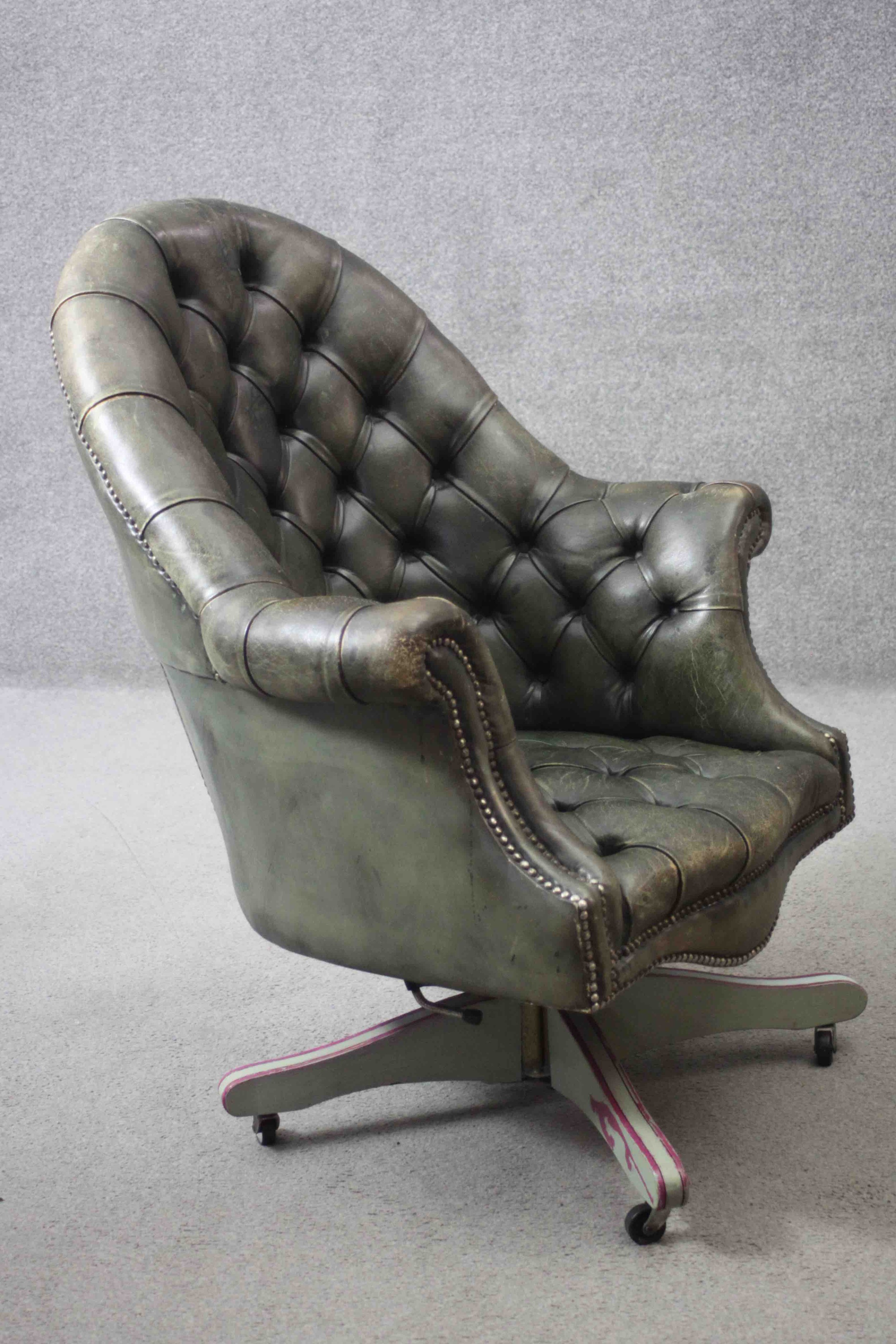 A tub shaped library armchair or desk chair in deep buttoned leather upholstery with tilt and swivel - Image 3 of 6