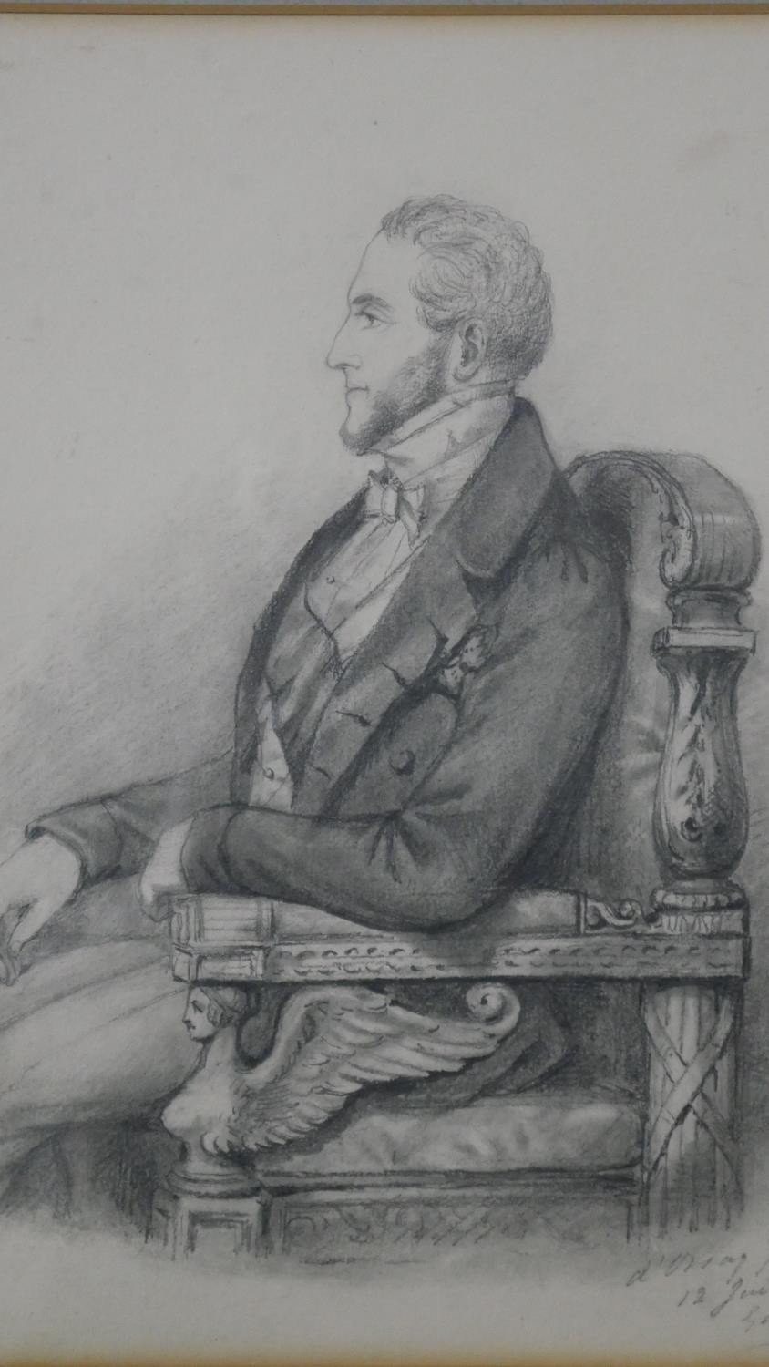 Alfred d'Orsay-a rosewood framed and glazed 19th century pencil sketch, seated gentleman.