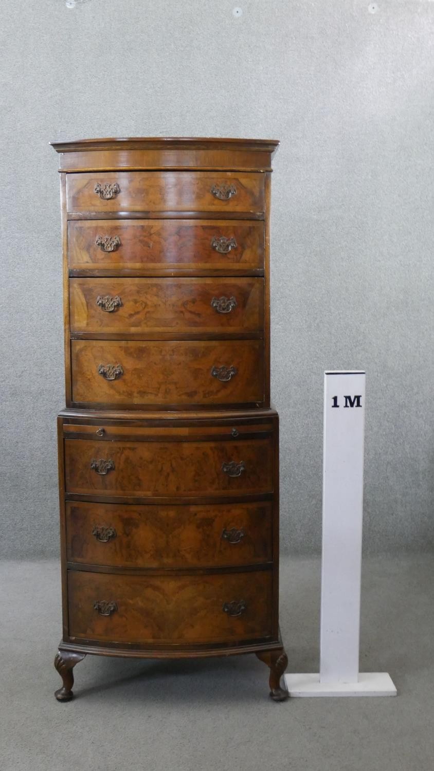 A Georgian style burr walnut and crossbanded bow fronted tallboy chest of four drawers above four - Image 2 of 8