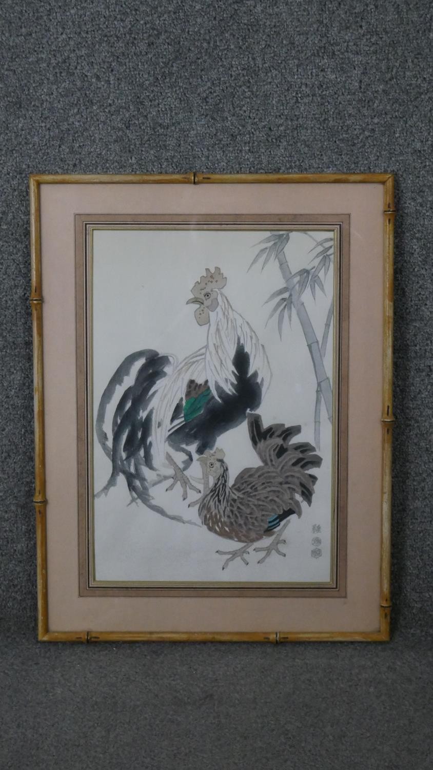 A framed and glazed 19th century Chinese watercolour, rooster and hen with bamboo, artist's three - Image 2 of 4