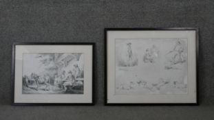 George Morland (1763 - 1804) Two framed and glazed prints of pencil sketches. Including figures,