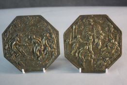 After Guglielmo Della Porta - Two 19th century Classical design brass octagonal relief plaques.