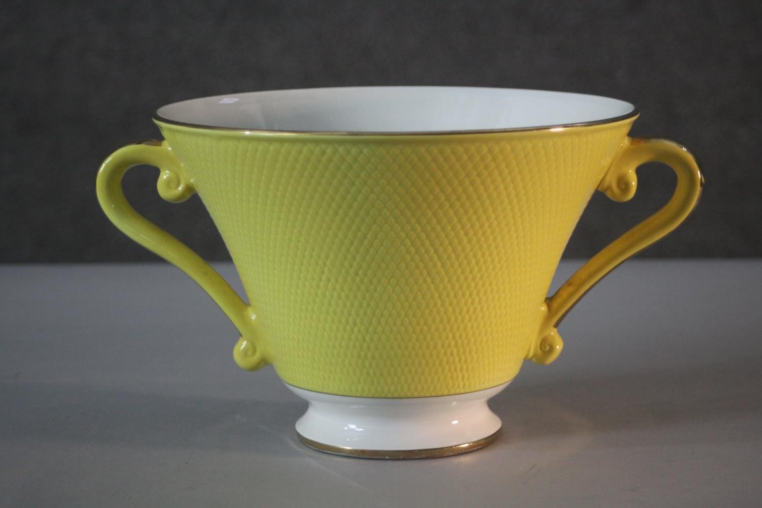 A Salins French ceramic yellow glaze and gilded twin handled conical design serving bowl. Makers - Image 2 of 7