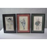 Three framed and glazed prints of watercolour caricatures of famous composers including Previn by