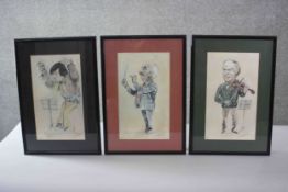 Three framed and glazed prints of watercolour caricatures of famous composers including Previn by