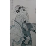A framed and glazed reproduction of a Japanese woodblock print of a Geisha. H.98 W.69cm