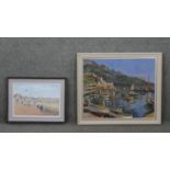 Two framed oils on canvas. One of a beach scene, signed J. Ward and label verso the other of a